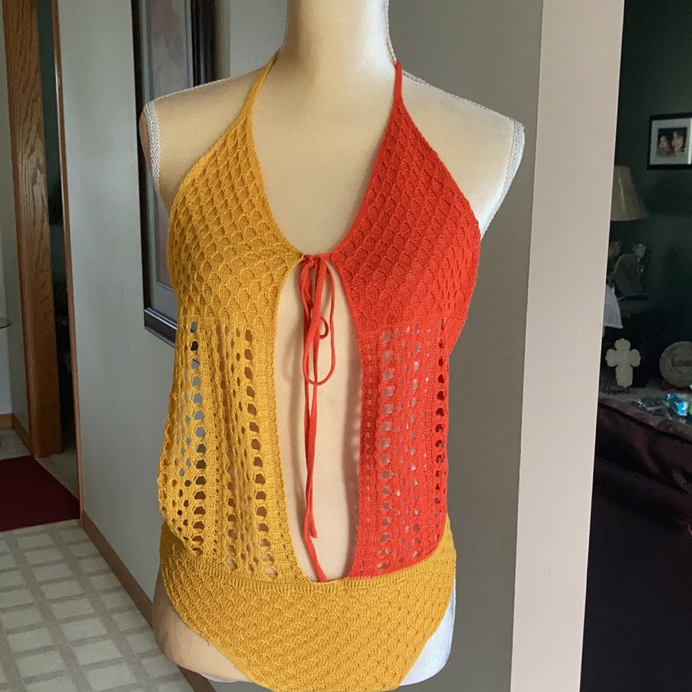 NWT Host Pick Mesh One Piece Swimsuit Crochet Sz M Yellow/ Orange